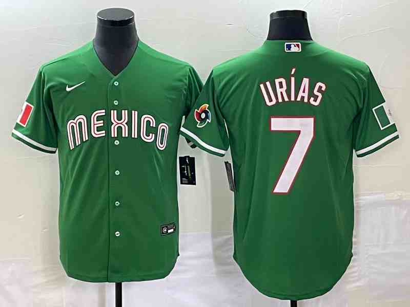 Men's Los Angeles Dodgers #7 Julio Urias 2023  world cup Font red border Stitched Baseball  Green Jersey11