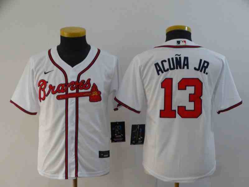 Youth  Atlanta Braves 13 Ronald Acuna Jr. White  Cool Base Jersey