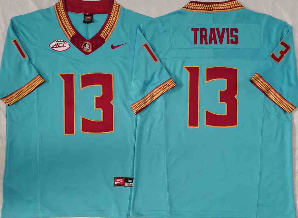 Men's Florida State Seminoles #13 Jordan Travis 2023 Seminole Heritage Turquoise Game Jersey