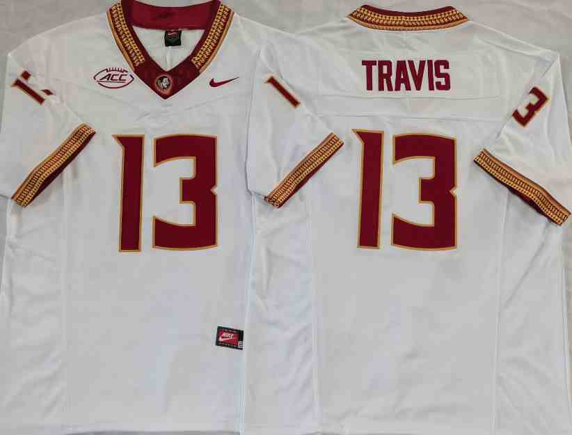 Men's Florida State Seminoles #13  Jordan Travis White Jersey 2023 College Football Men’s Game Uniform