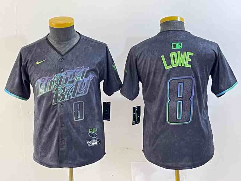 Youth Tampa Bay Rays #8 Brandon Lowe Charcoal 2024 City Connect Player Number Limited Cool Base Jersey