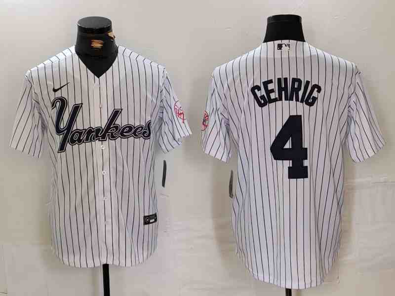 Men's New York Yankees #4 Lou Gehrig White Pinstripe Fashion Cool Base Jersey