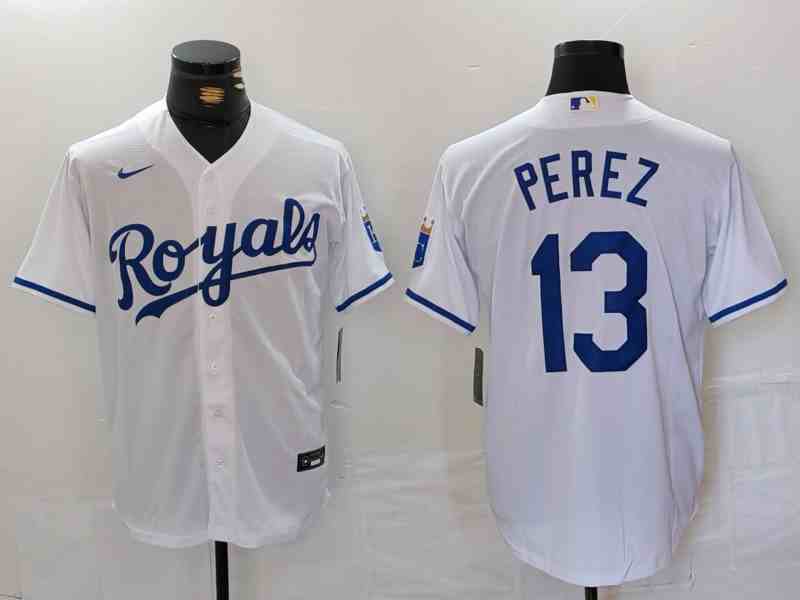 Men's Kansas City Royals #13 Salvador Perez White Cool Base Stitched Jersey
