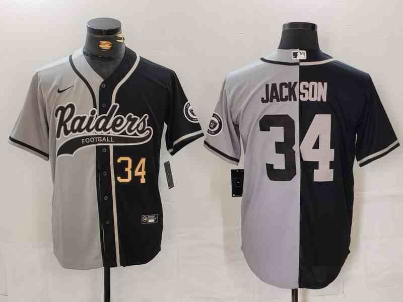 Men's Las Vegas Raiders #34 Bo Jackson Number Grey Black Split Cool Base Stitched Baseball Jersey