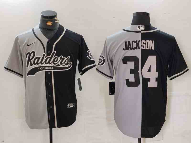 Men's Las Vegas Raiders #34 Bo Jackson Grey Black Split Cool Base Stitched Baseball Jersey