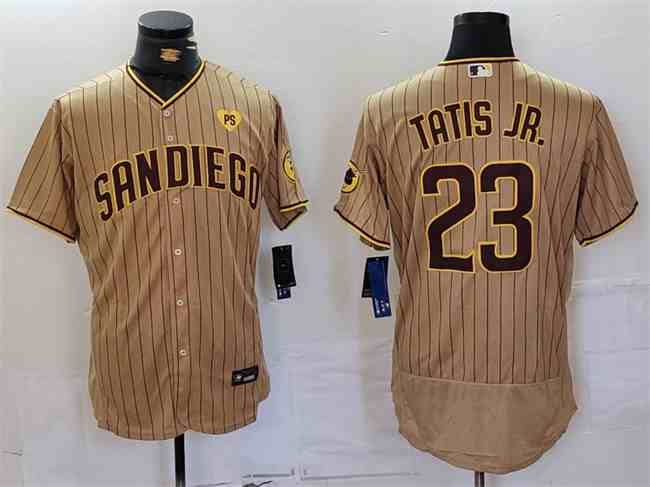 Men's San Diego Padres #23 Fernando Tatis Jr. Tan With PS Patch Flex Base Stitched Baseball Jersey