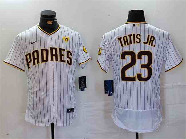 Men's San Diego Padres #23 Fernando Tatis Jr. White With PS Patch Flex Base Stitched Baseball Jersey