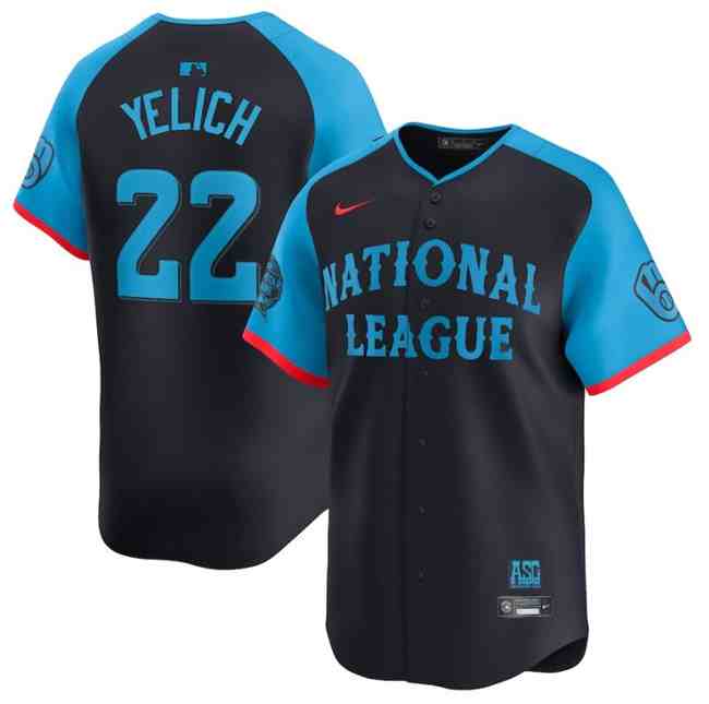 Men's National League #22 Christian Yelich Navy 2024 All-Star Limited Stitched Baseball Jersey