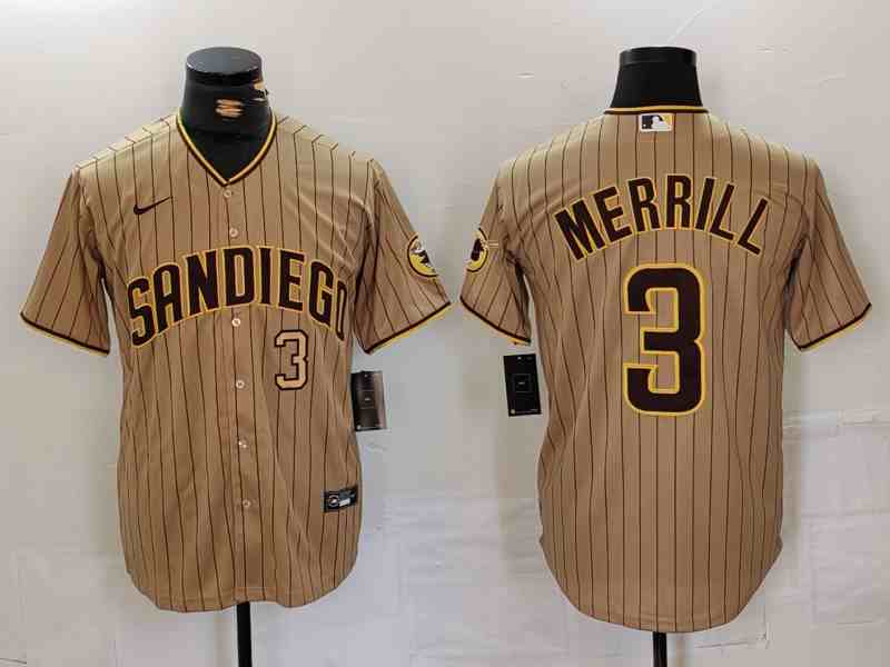 Men's San Diego Padres #3 Jackson Merrill Tan NEW 2023 Cool Base Stitched Jerseys