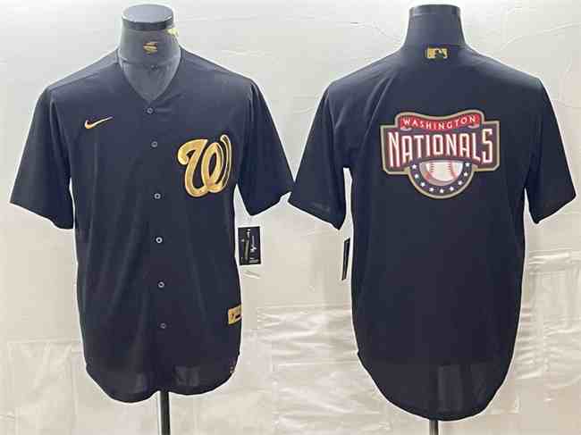 Men's Washington Nationals Black Team Big Logo Cool Base Stitched Baseball  Jersey