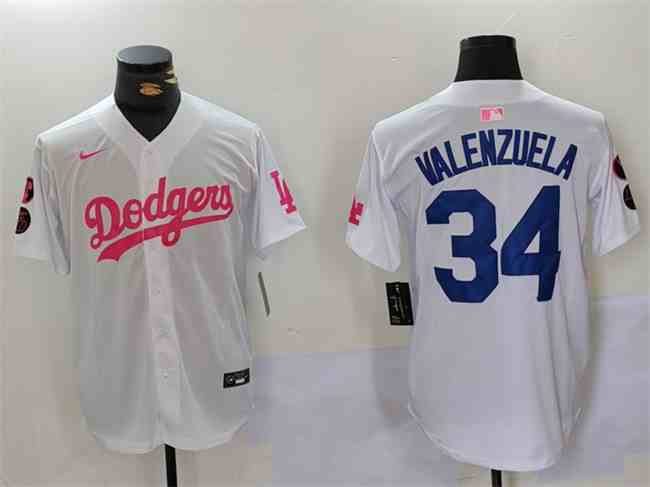 Men's Los Angeles Dodgers #34 Toro Valenzuela White  Pink Vin & Kobe Patch Stitched Baseball Jersey