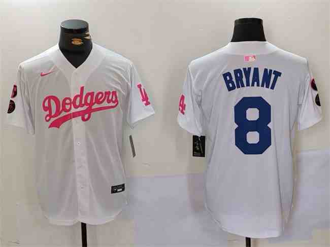 Men's Los Angeles Dodgers #8 Kobe Bryant White Pink Vin & Kobe Patch Stitched   Baseball  Jersey