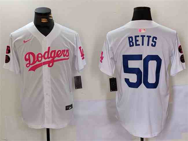 Men's Los Angeles Dodgers #50 Mookie Betts White Pink Vin & Kobe Patch Stitched Baseball Jersey