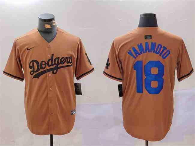 Men's Los Angeles Dodgers #18 Yoshinobu Yamamoto Brown Cool Base Stitched Baseball Jersey