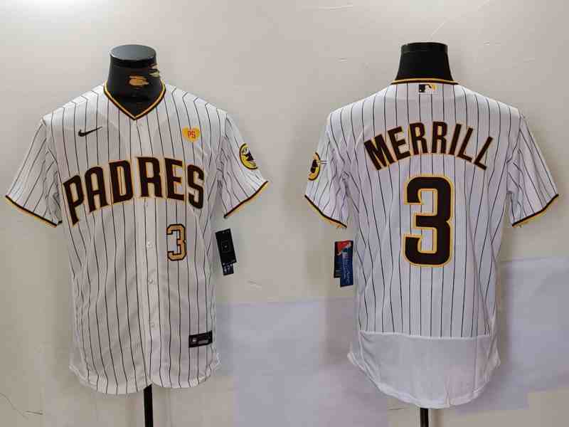 Men's San Diego Padres #3 Jackson Merrill White With PS Patch Flex Base Stitched Baseball Jersey