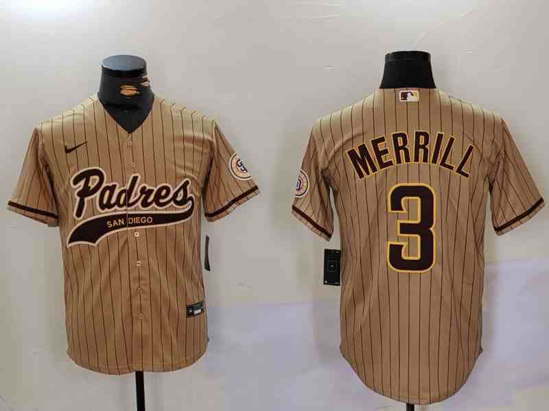 Men's San Diego Padres #3 Jackson Merrill Tan Cool Base Stitched Baseball Jersey