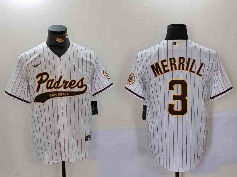 Men's San Diego Padres #3 Jackson Merrill White Cool Base Stitched Baseball Jersey