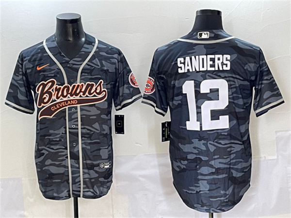 Men's Cleveland Browns #12 Shedeur Sanders Gray Camo With Patch Cool Base Stitched Baseball Jersey