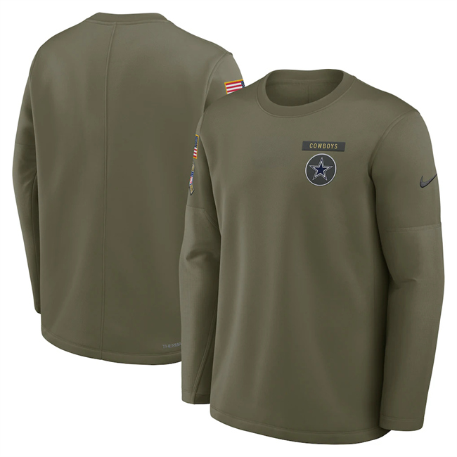 Men's Dallas Cowboys Olive 2025 Salute To Service Sideline Coaches Therma-FIT Long Sleeve Shirt