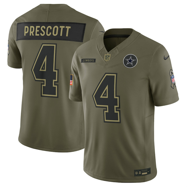 Men's Dallas Cowboys #4 Dak Prescott Olive 2025 F.U.S.E. Salute To Service Limited Stitched Football Jersey