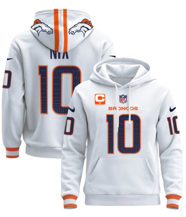 Men's Denver Broncos #10 Bo Nix White With 1-Star C Patch Pullover Hoodie