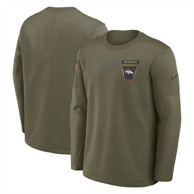 Men's Denver Broncos Olive 2025 Salute To Service Sideline Coaches Therma-FIT Long Sleeve Shirt