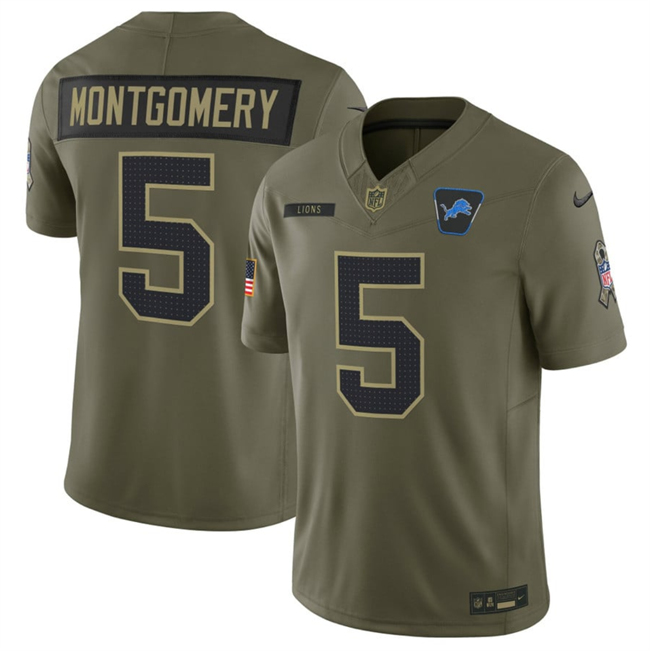 Men's Detroit Lions #5 David Montgomery Olive 2025 F.U.S.E. Salute To Service Limited Stitched Football Jersey