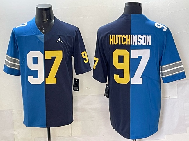 Men's Detroit Lions X Wolverines #97 Aidan Hutchinson Blue Navy Split Vapor Limited Stitched Jersey