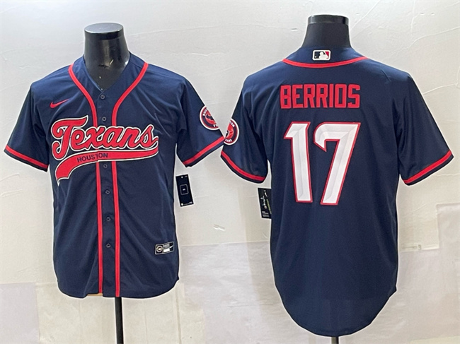 Men's Houston Texans #17 Braxton Berrios Navy With Patch Cool Base Stitched Baseball Jersey