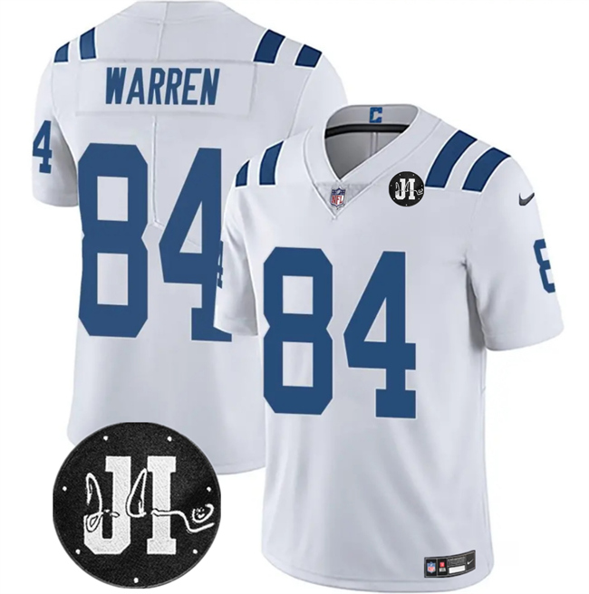 Men's Indianapolis Colts #84 Tyler Warren White Jim Irsay Patch Vapor Stitched Jersey