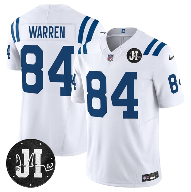 Men's Indianapolis Colts #84 Tyler Warren White 2025 F.U.S.E. Jim Irsay Patch Vapor Limited Stitched Football Jersey