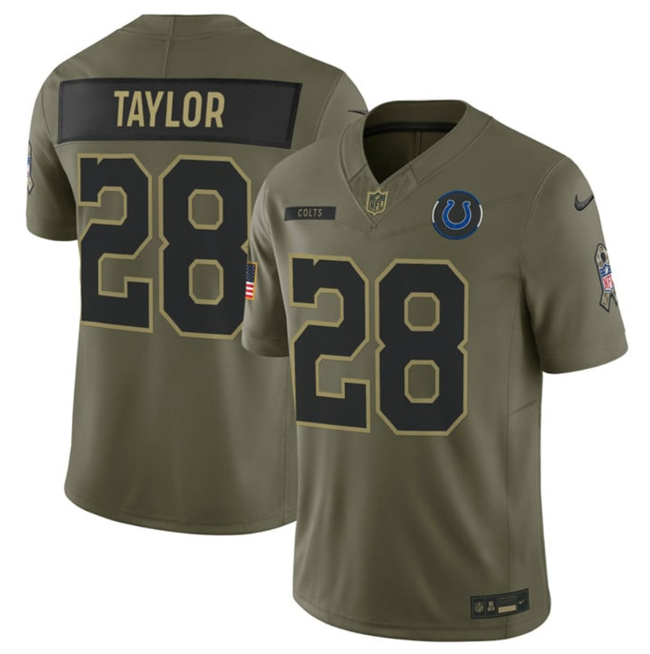 Men's Indianapolis Colts #28 Jonathan Taylor Olive 2025 F.U.S.E. Salute To Service Limited Stitched Football Jersey