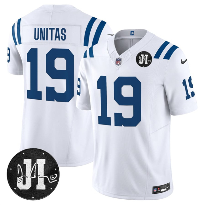 Men's Indianapolis Colts #19 Johnny Unitas White 2025 F.U.S.E. Jim Irsay Patch Vapor Limited Stitched Football Jersey