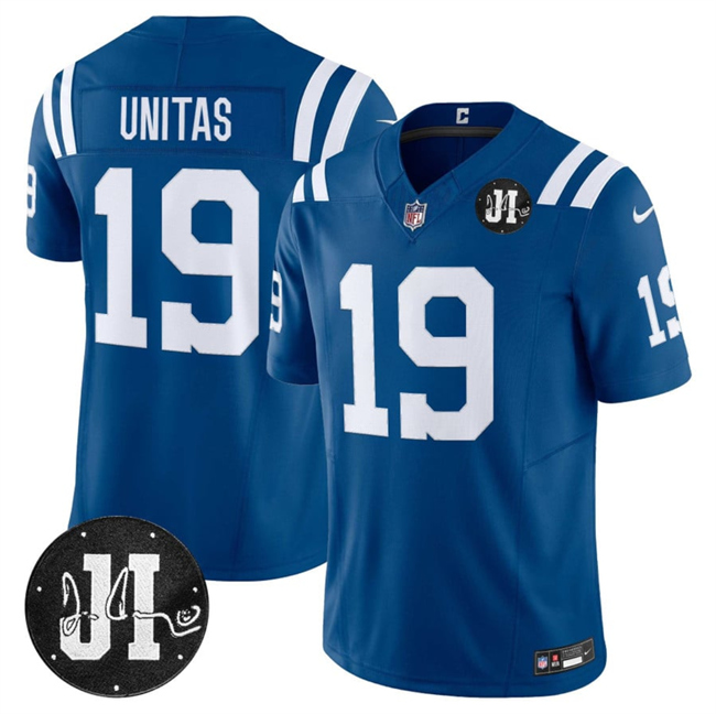 Men's Indianapolis Colts #19 Johnny Unitas Blue 2025 F.U.S.E. Jim Irsay Patch Vapor Limited Stitched Football Jersey