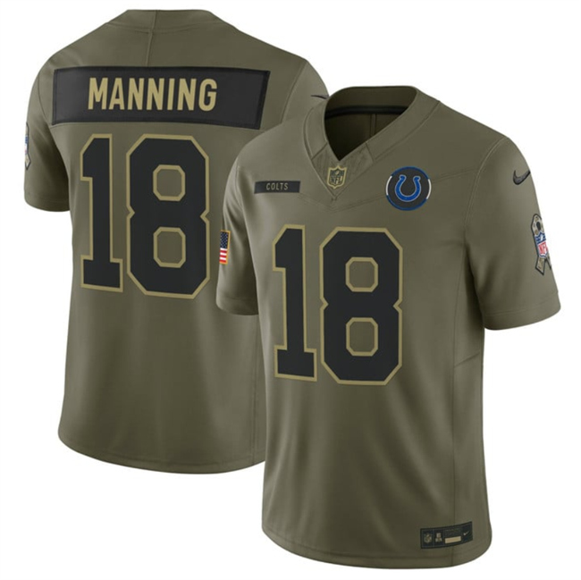 Men's Indianapolis Colts #18 Peyton Manning Olive 2025 F.U.S.E. Salute To Service Limited Stitched Football Jersey