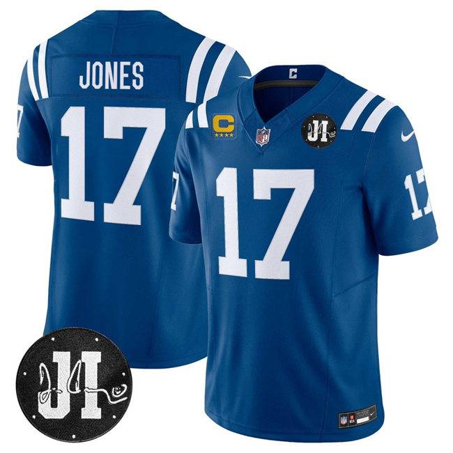 Men's Indianapolis Colts #17 Daniel Jones Blue 2025 F.U.S.E. With 4-Star C Patch And Jim Irsay Patch Vapor Limited Stitched Football Jersey