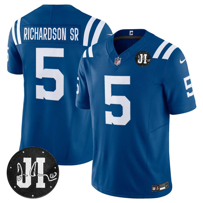 Men's Indianapolis Colts #5 Anthony Richardson Blue 2025 F.U.S.E. Jim Irsay Patch Vapor Limited Stitched Football Jersey