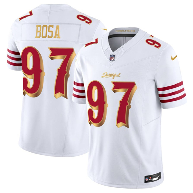 Men's San Francisco 49ers #97 Nick Bosa White Gold 2025 F.U.S.E. “Rivalries” Vapor Limited Stitched Football Jersey