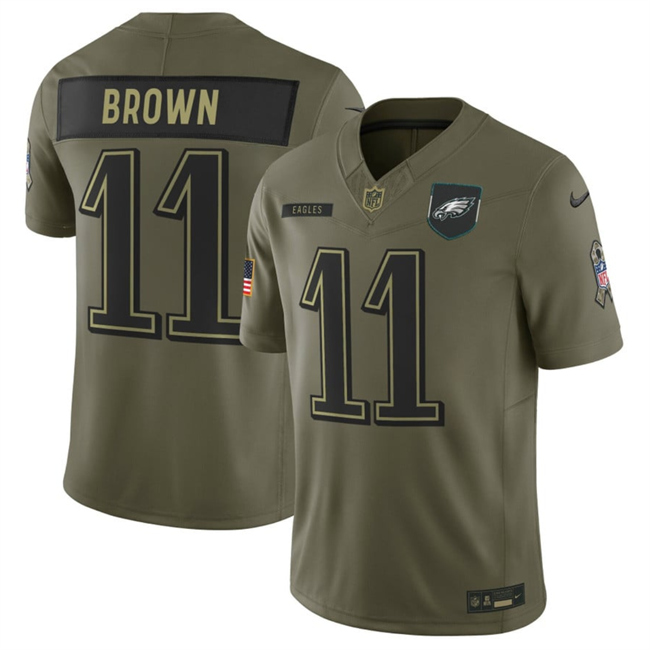 Men's Philadelphia Eagles #11 A.J. Brown Olive 2025 F.U.S.E. Salute To Service Limited Stitched Football Jersey