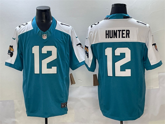 Men's Jacksonville Jaguars #12 Travis Hunter Teal White 2025 Draft F.U.S.E. Florida Patch Vapor Limited Stitched Football Jersey