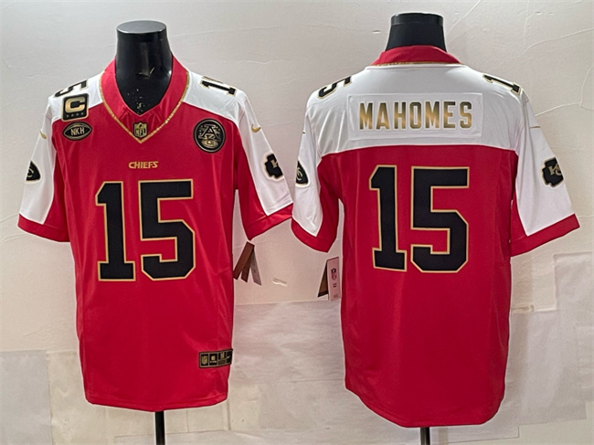 Men's Kansas City Chiefs #15 Patrick Mahomes Red Gold With NKH Patch And 4-Star C Patch Vapor Limited Stitched Football Jersey