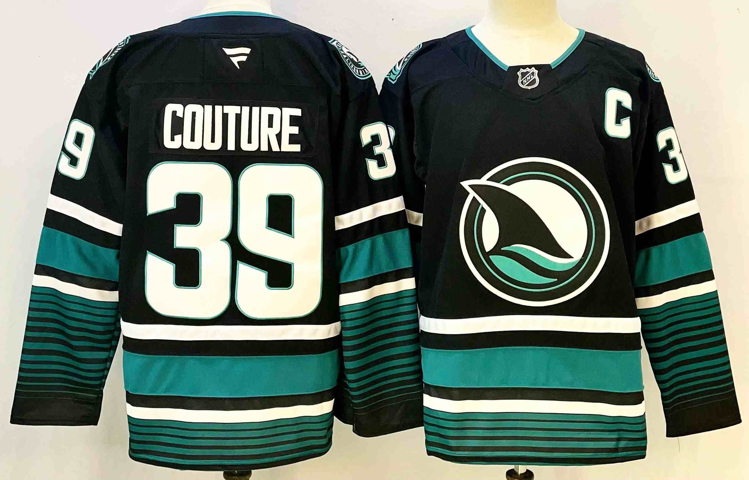 Men's San Jose Sharks #39 Logan Couture Black 2024-25 With C Patch Alternate Stitched Hockey Jersey