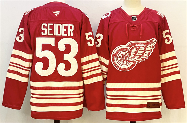 Men's Detroit Red Wings #53 Moritz Seider Red 2025-26 Centennial Premium Stitched Hockey Jersey