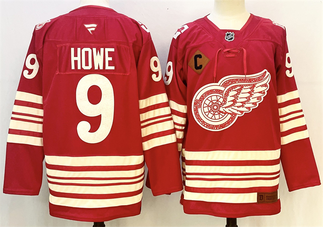 Men's Detroit Red Wings #9 Gordie Howe Red 2025-26 With C Patch Centennial Premium Stitched Hockey Jersey
