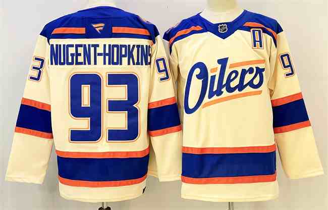 Men's Edmonton Oilers #93 Ryan Nugent-Hopkins Light Beige 2025 Alternate With A Patch Stitched Hockey Jersey