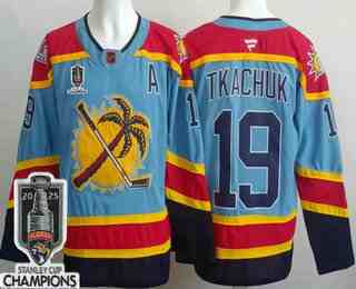 Men's Florida Panthers #19 Matthew Tkachuk Blue 2025 Stanley Cup Champions Authentic Jersey