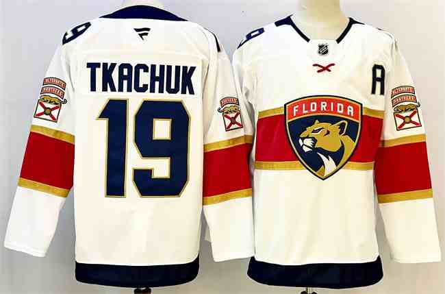 Men's Florida Panthers #19 Matthew Tkachuk White 2024-25 Home With A Patch Stitched Hockey Jersey
