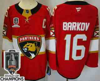Men's Florida Panthers #16 Aleksander Barkov Red 2025 Stanley Cup Champions Authentic Jersey