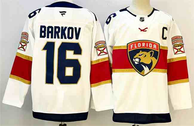 Men's Florida Panthers #16 Aleksander Barkov White 2024-25 Home With C Patch Stitched Hockey Jersey