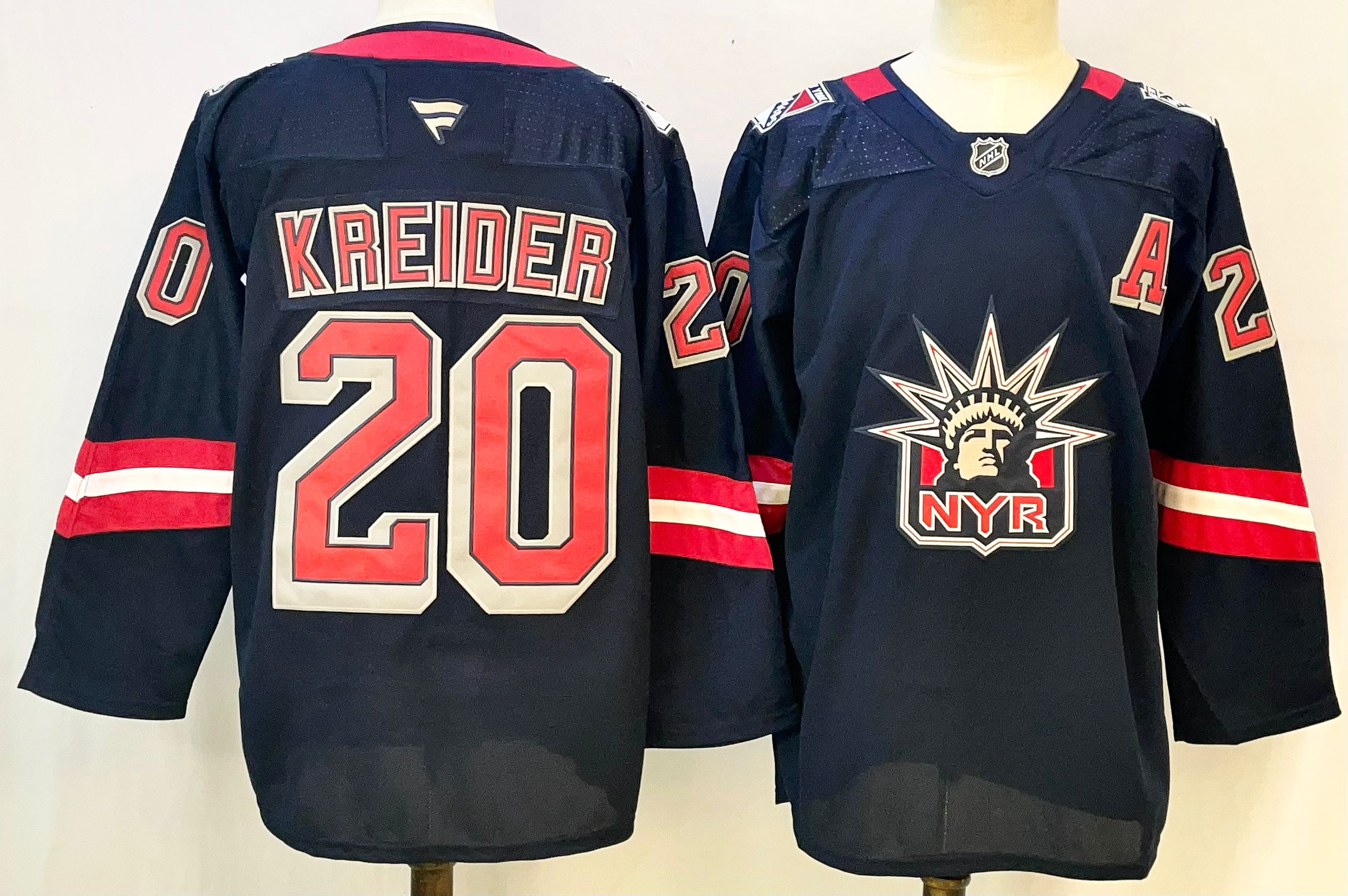 Men's New York Rangers #20 Chris Kreider Navy 2024-25 With A Patch Stitched Hockey Jersey